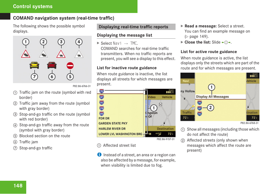 Displaying real-time traffic reports, Control systems | Mercedes-Benz S-Class 2009 User Manual | Page 150 / 616