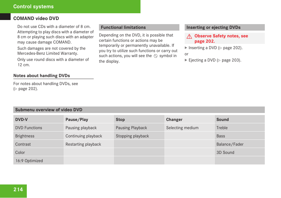 Functional limitations, Inserting or ejecting dvds, Submenu overview of video dvd | Submenu overview, Control systems | Mercedes-Benz S-Class 2009 User Manual | Page 216 / 616