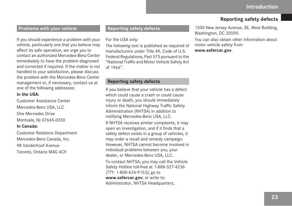 Problems with your vehicle, Reporting safety defects | Mercedes-Benz S-Class 2009 User Manual | Page 25 / 616