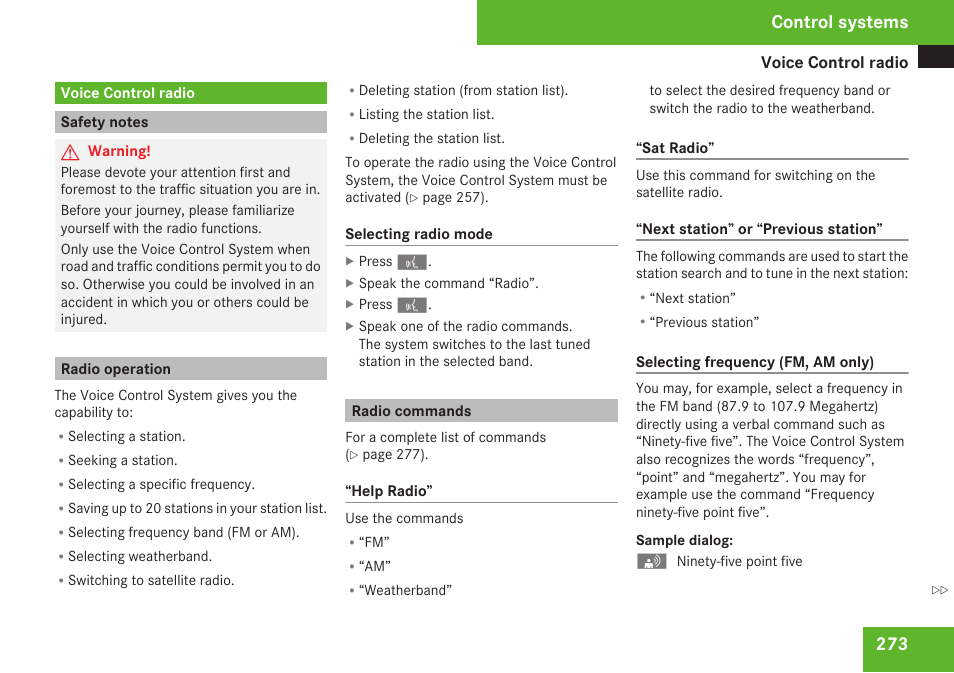 Voice control radio, Safety notes, Radio operation | Radio commands, Audio, Control systems | Mercedes-Benz S-Class 2009 User Manual | Page 275 / 616