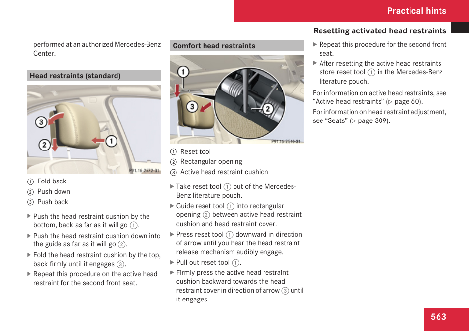 Head restraints (standard), Comfort head restraints, Practical hints | Mercedes-Benz S-Class 2009 User Manual | Page 565 / 616