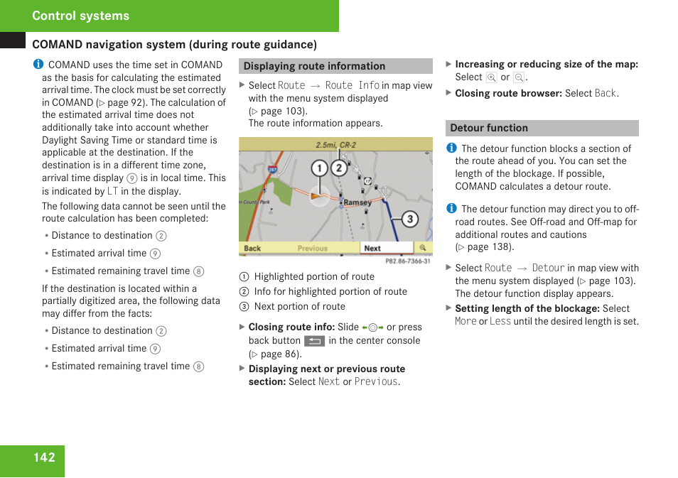 Displaying route information, Detour function, Control systems | Mercedes-Benz CL-Class 2009 User Manual | Page 144 / 588