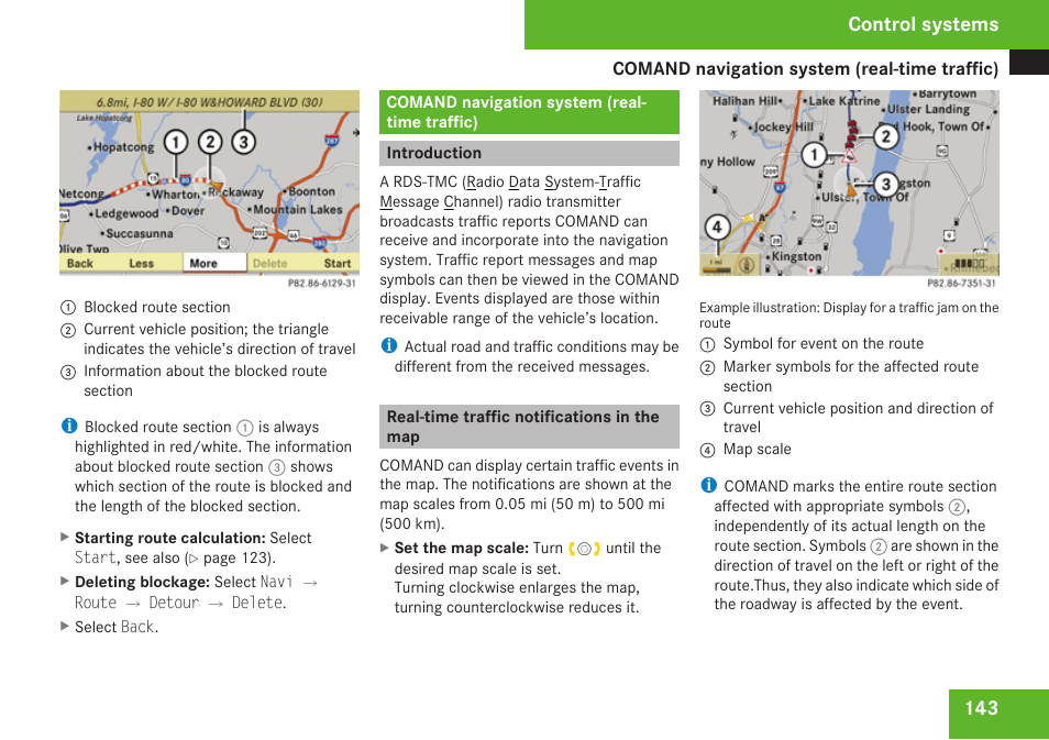 Comand navigation system (real-time traffic), Introduction, Real-time traffic notifications in the map | Control systems | Mercedes-Benz CL-Class 2009 User Manual | Page 145 / 588