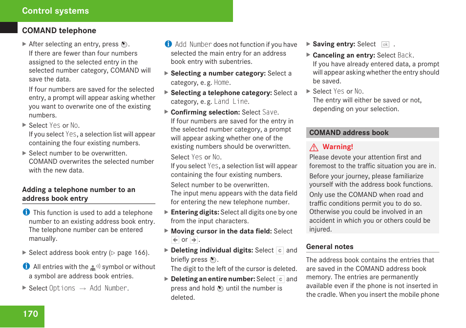 Comand address book, Address book, Address book entry | Control systems | Mercedes-Benz CL-Class 2009 User Manual | Page 172 / 588