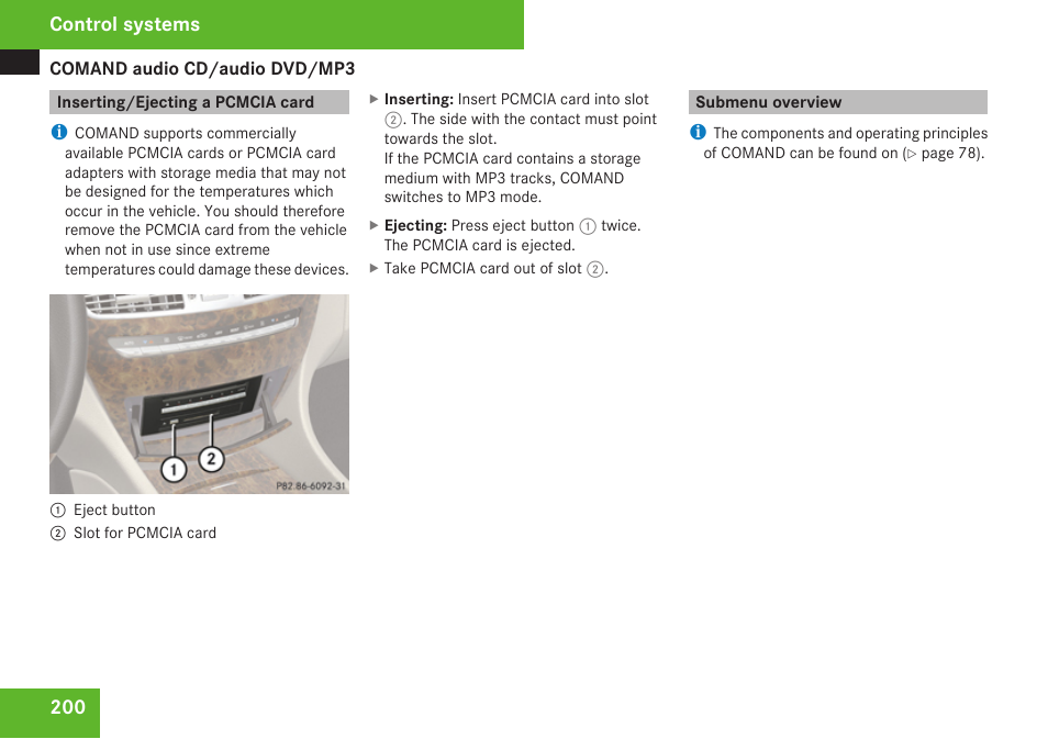 Inserting/ejecting a pcmcia card, Submenu overview, Card | Control systems | Mercedes-Benz CL-Class 2009 User Manual | Page 202 / 588