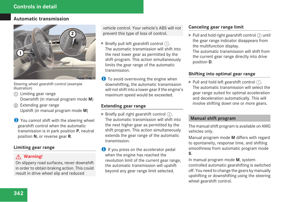 Manual shift program, Program, Controls in detail | Mercedes-Benz CL-Class 2009 User Manual | Page 344 / 588