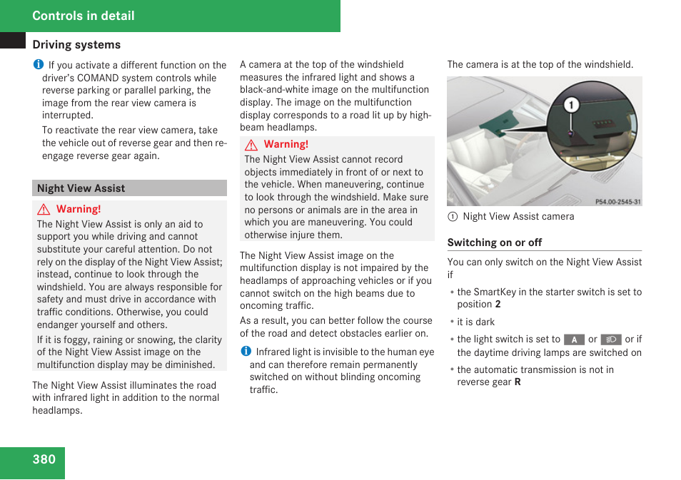 Night view assist, Controls in detail | Mercedes-Benz CL-Class 2009 User Manual | Page 382 / 588