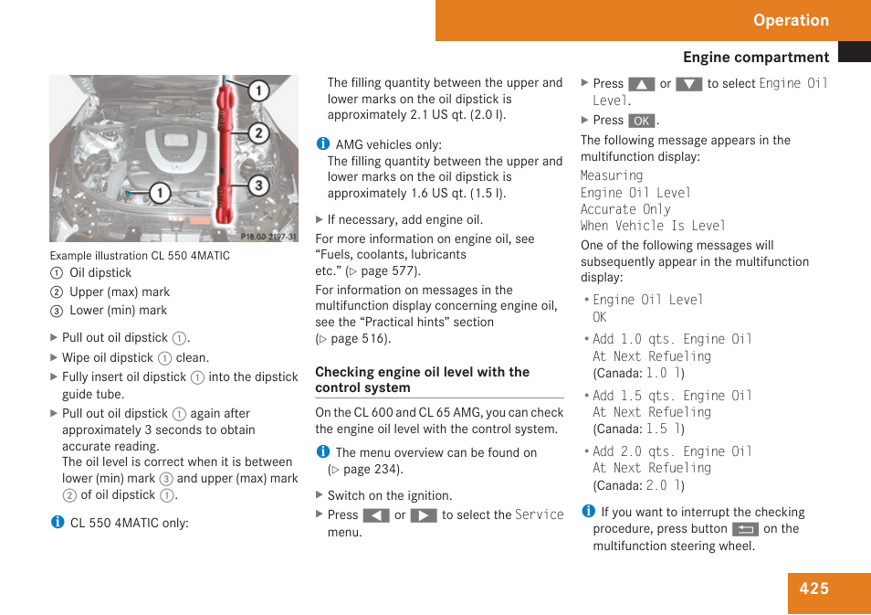 Cl 65 amg), Operation | Mercedes-Benz CL-Class 2009 User Manual | Page 427 / 588