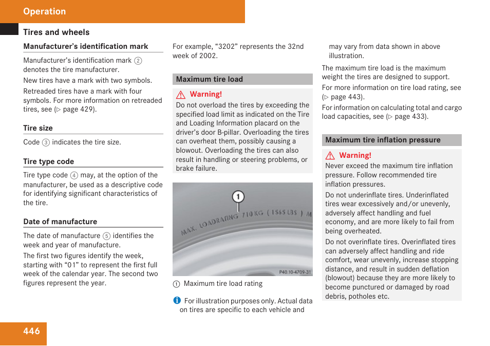 Maximum tire load, Maximum tire inflation pressure, Load | Operation | Mercedes-Benz CL-Class 2009 User Manual | Page 448 / 588