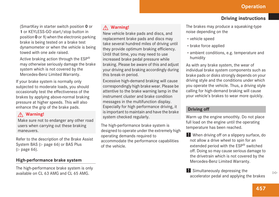 Driving off, Operation | Mercedes-Benz CL-Class 2009 User Manual | Page 459 / 588