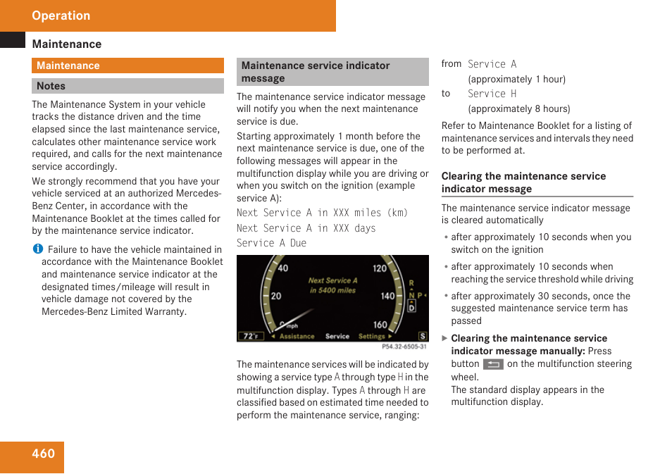 Maintenance, Notes, Maintenance service indicator message | Operation | Mercedes-Benz CL-Class 2009 User Manual | Page 462 / 588