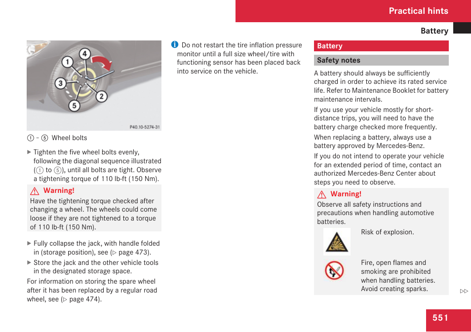 Battery, Safety notes, Practical hints | Mercedes-Benz CL-Class 2009 User Manual | Page 553 / 588