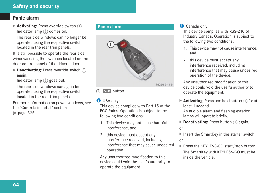 Panic alarm, Safety and security | Mercedes-Benz CL-Class 2009 User Manual | Page 66 / 588