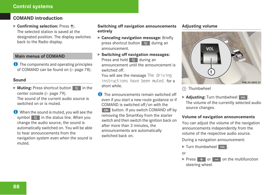 Main menus of comand, Volume control, Mute button | Control systems | Mercedes-Benz CL-Class 2009 User Manual | Page 90 / 588