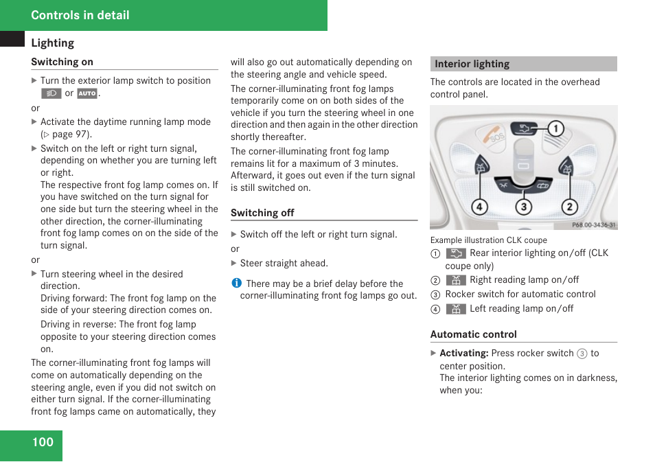 Interior lighting, Controls in detail | Mercedes-Benz CLK-Class 2009 Owners Manual User Manual | Page 102 / 384