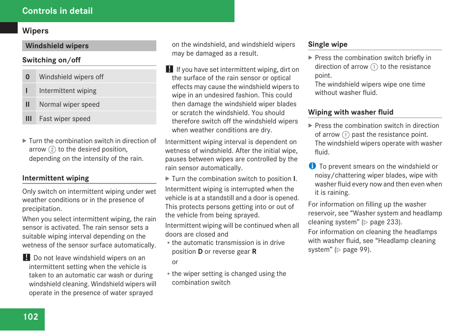 Windshield wipers, Controls in detail | Mercedes-Benz CLK-Class 2009 Owners Manual User Manual | Page 104 / 384