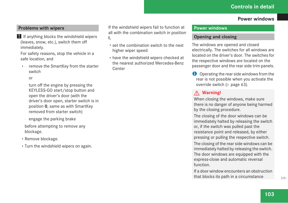 Problems with wipers, Power windows, Opening and closing | Controls in detail | Mercedes-Benz CLK-Class 2009 Owners Manual User Manual | Page 105 / 384