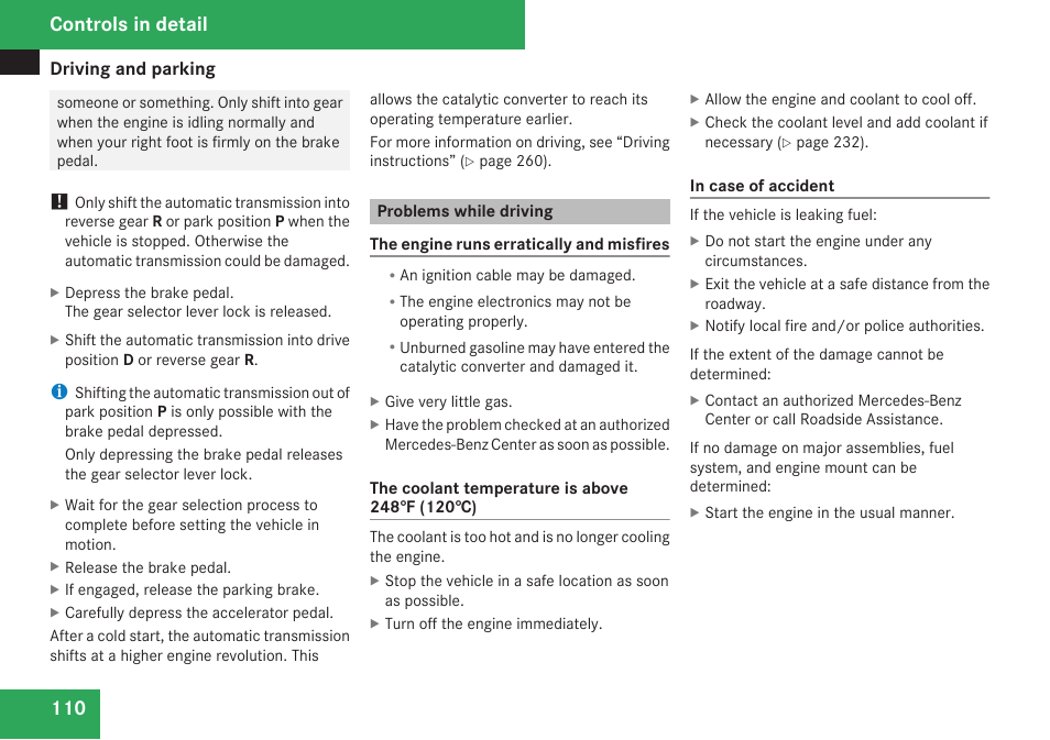 Problems while driving, Controls in detail | Mercedes-Benz CLK-Class 2009 Owners Manual User Manual | Page 112 / 384