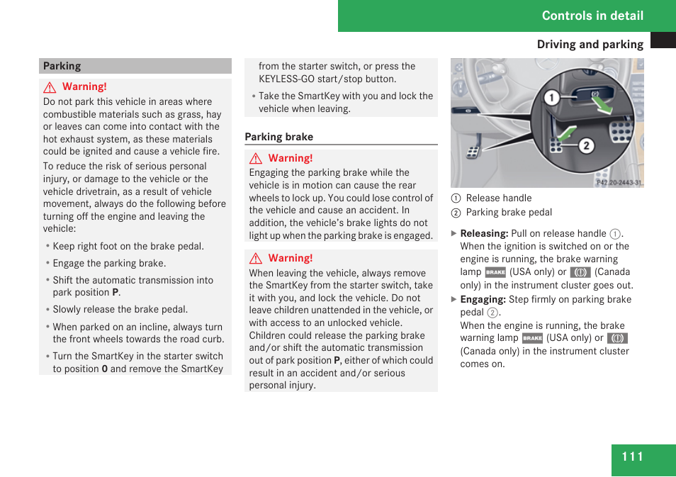 Parking, Controls in detail | Mercedes-Benz CLK-Class 2009 Owners Manual User Manual | Page 113 / 384