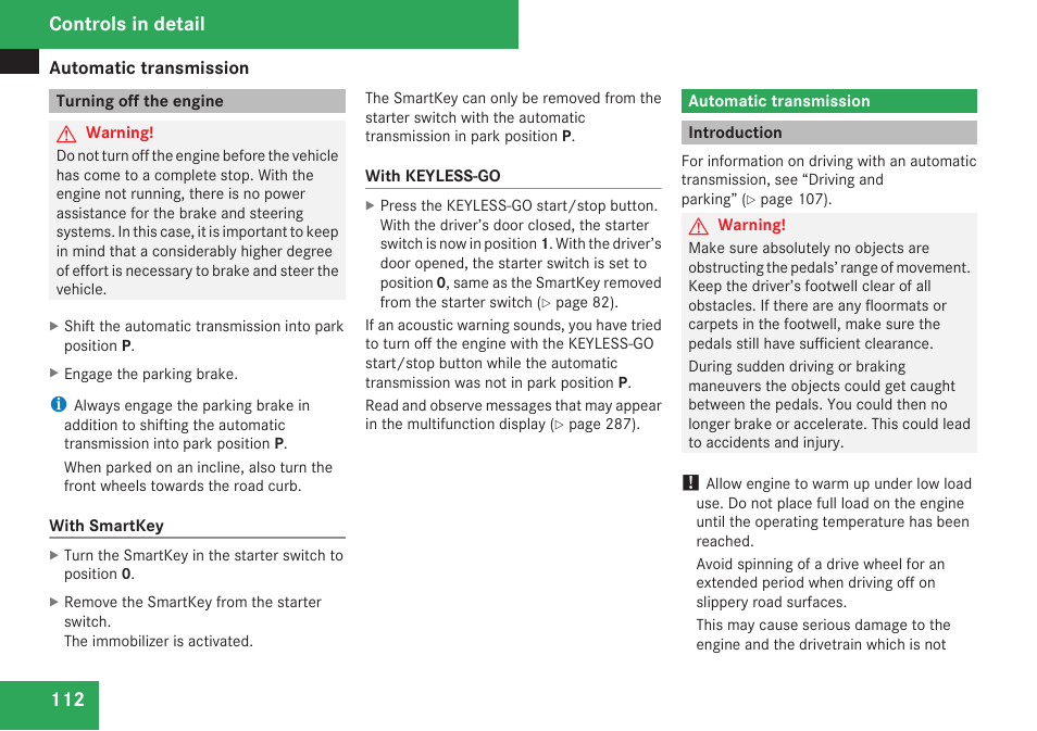 Turning off the engine, Automatic transmission, Introduction | Controls in detail | Mercedes-Benz CLK-Class 2009 Owners Manual User Manual | Page 114 / 384