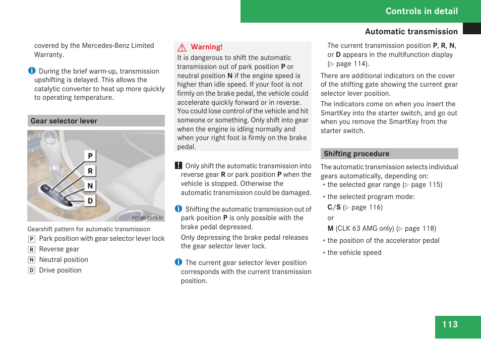 Gear selector lever, Shifting procedure, Controls in detail | Mercedes-Benz CLK-Class 2009 Owners Manual User Manual | Page 115 / 384