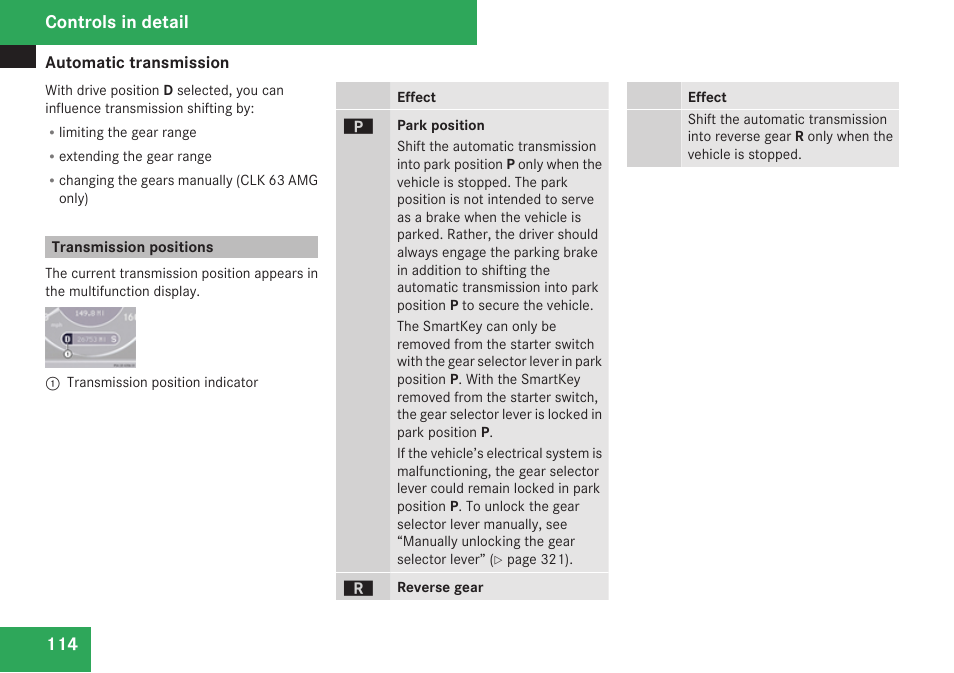 Transmission positions, Controls in detail | Mercedes-Benz CLK-Class 2009 Owners Manual User Manual | Page 116 / 384