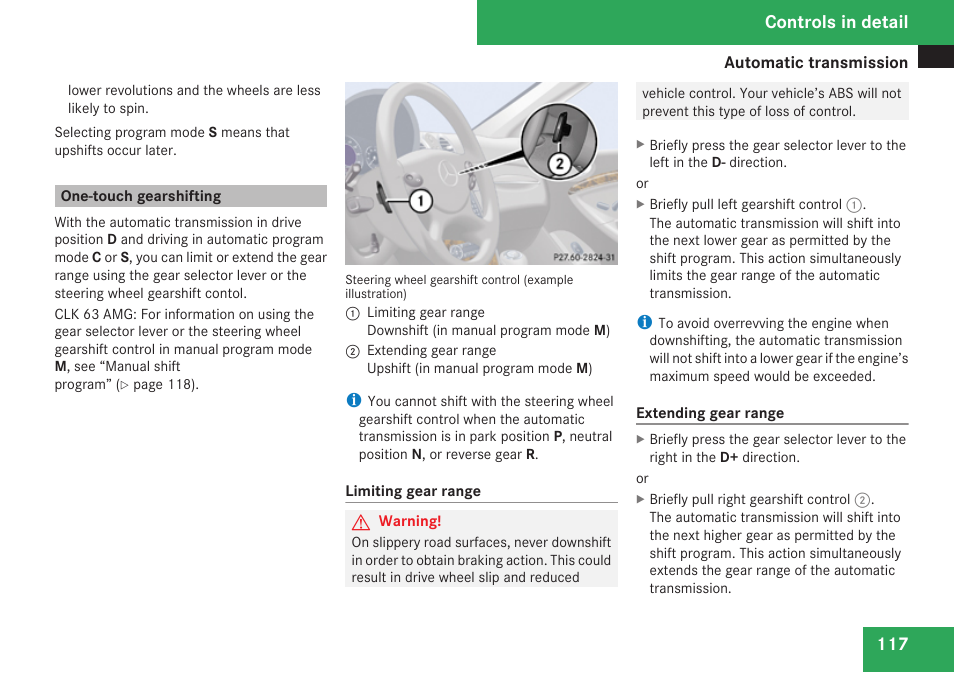 One-touch gearshifting, Controls in detail | Mercedes-Benz CLK-Class 2009 Owners Manual User Manual | Page 119 / 384