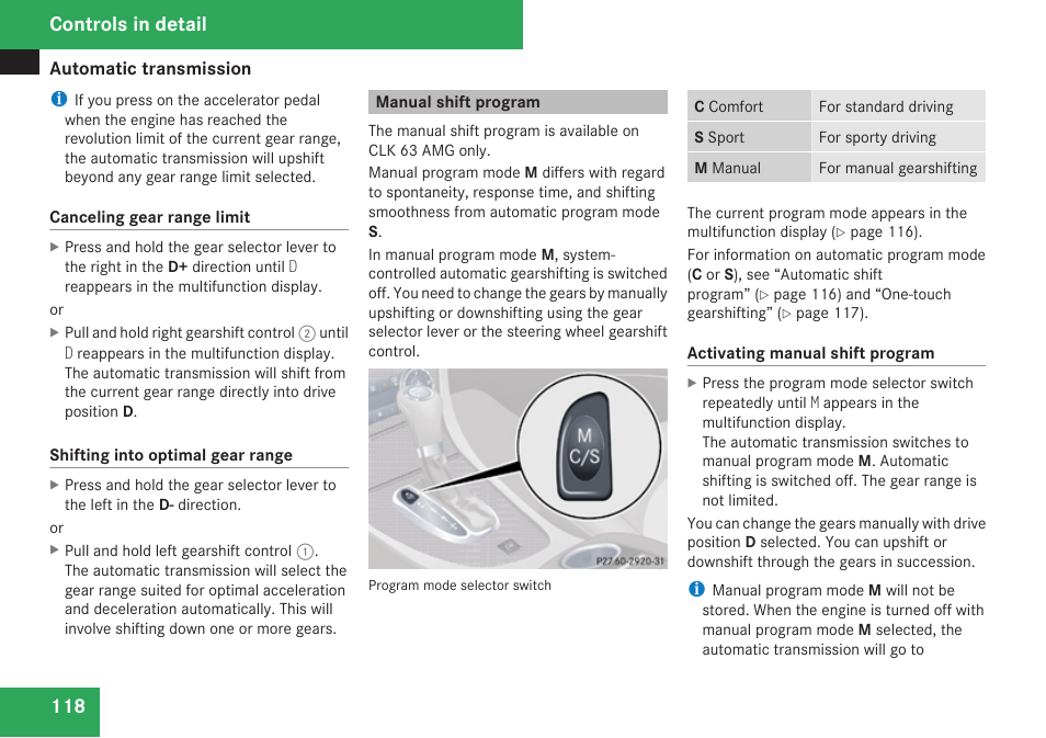 Manual shift program, Clk 63 amg only), Controls in detail | Mercedes-Benz CLK-Class 2009 Owners Manual User Manual | Page 120 / 384