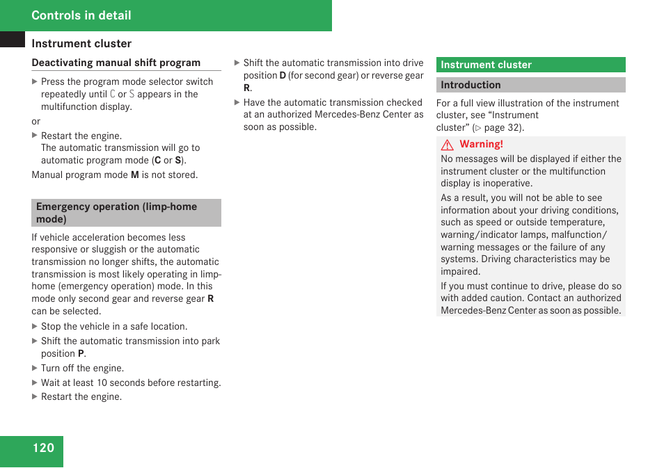 Emergency operation (limp-home mode), Instrument cluster, Introduction | Controls in detail | Mercedes-Benz CLK-Class 2009 Owners Manual User Manual | Page 122 / 384