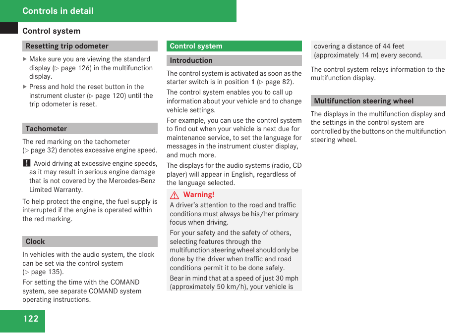 Resetting trip odometer, Tachometer, Clock | Control system, Introduction, Multifunction steering wheel, Controls in detail | Mercedes-Benz CLK-Class 2009 Owners Manual User Manual | Page 124 / 384