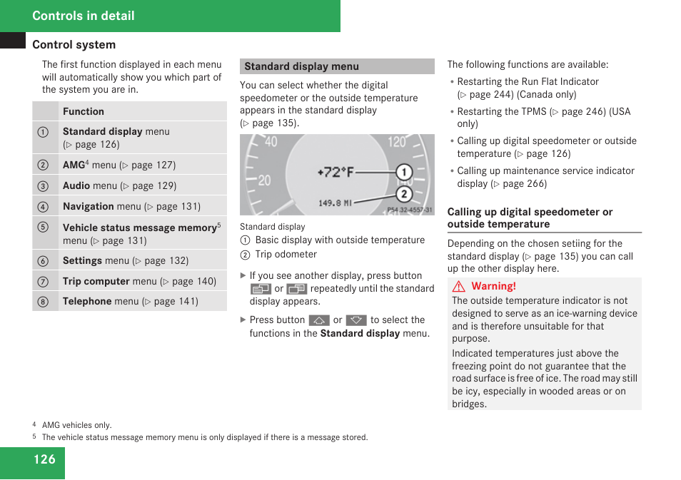 Standard display menu, Controls in detail | Mercedes-Benz CLK-Class 2009 Owners Manual User Manual | Page 128 / 384