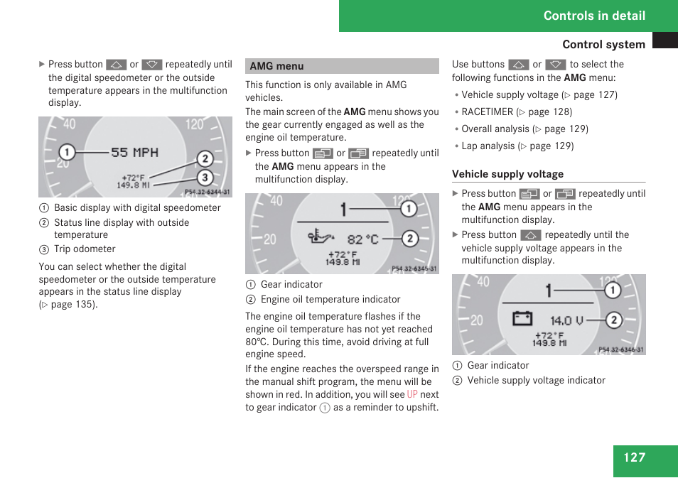 Amg menu, Menu, Controls in detail | Mercedes-Benz CLK-Class 2009 Owners Manual User Manual | Page 129 / 384