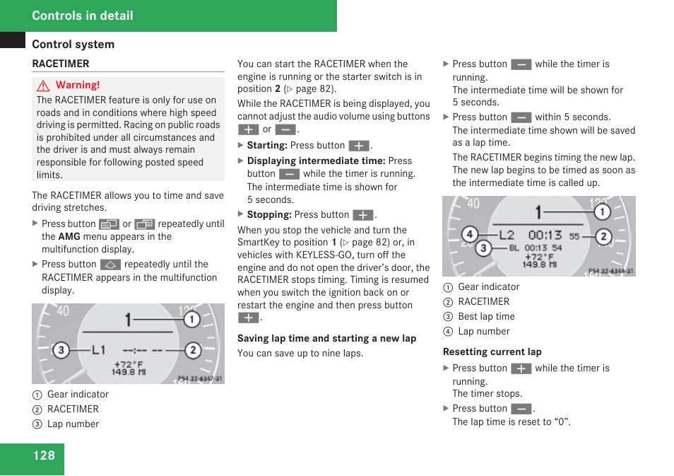 Racetimer, Controls in detail | Mercedes-Benz CLK-Class 2009 Owners Manual User Manual | Page 130 / 384