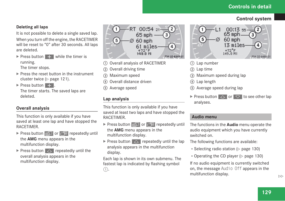 Audio menu, Menu, Overall analysis | Controls in detail | Mercedes-Benz CLK-Class 2009 Owners Manual User Manual | Page 131 / 384