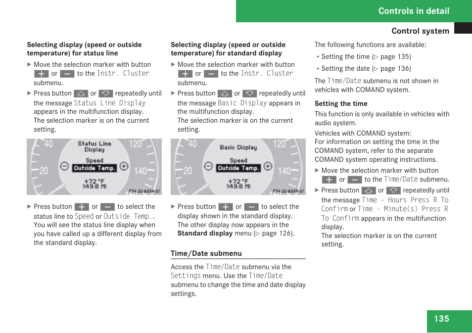 Time/date submenu, Temperature) for status line, Setting the time | Controls in detail | Mercedes-Benz CLK-Class 2009 Owners Manual User Manual | Page 137 / 384