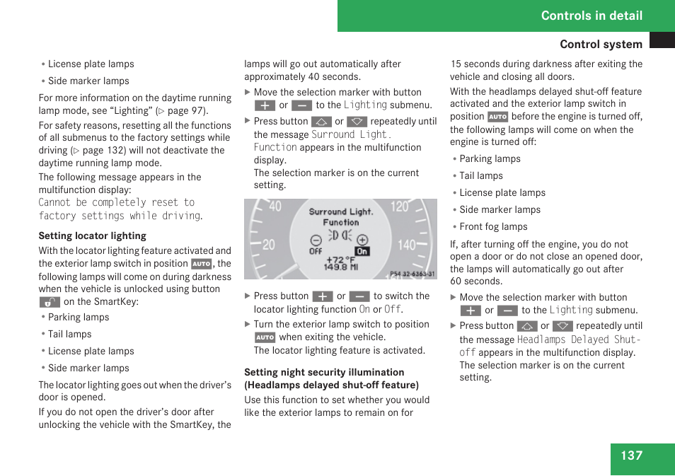 Lighting, Shut-off feature), Controls in detail | Mercedes-Benz CLK-Class 2009 Owners Manual User Manual | Page 139 / 384