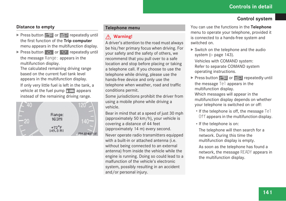 Telephone menu, Menu, Distance to empty | Controls in detail | Mercedes-Benz CLK-Class 2009 Owners Manual User Manual | Page 143 / 384