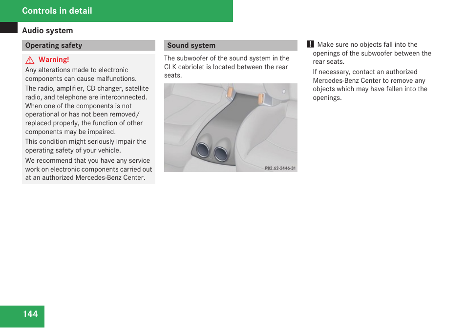 Operating safety, Sound system | Mercedes-Benz CLK-Class 2009 Owners Manual User Manual | Page 146 / 384