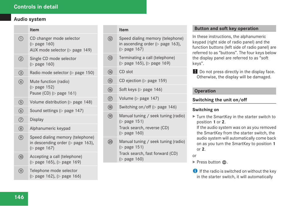 Button and soft key operation, Operation, Controls in detail | Mercedes-Benz CLK-Class 2009 Owners Manual User Manual | Page 148 / 384