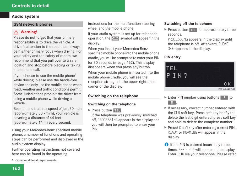 Gsm network phones, Controls in detail | Mercedes-Benz CLK-Class 2009 Owners Manual User Manual | Page 164 / 384