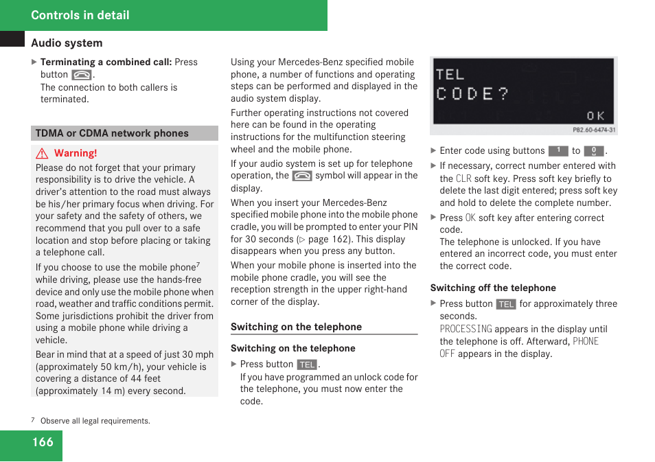 Tdma or cdma network phones, Controls in detail | Mercedes-Benz CLK-Class 2009 Owners Manual User Manual | Page 168 / 384