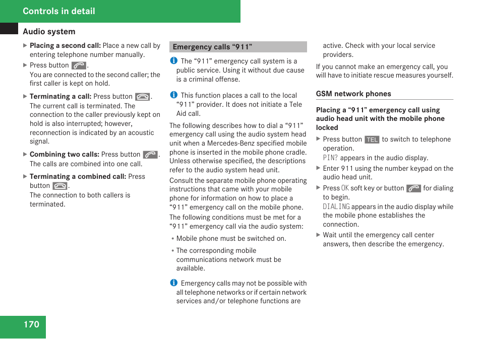 Emergency calls “911, Controls in detail | Mercedes-Benz CLK-Class 2009 Owners Manual User Manual | Page 172 / 384