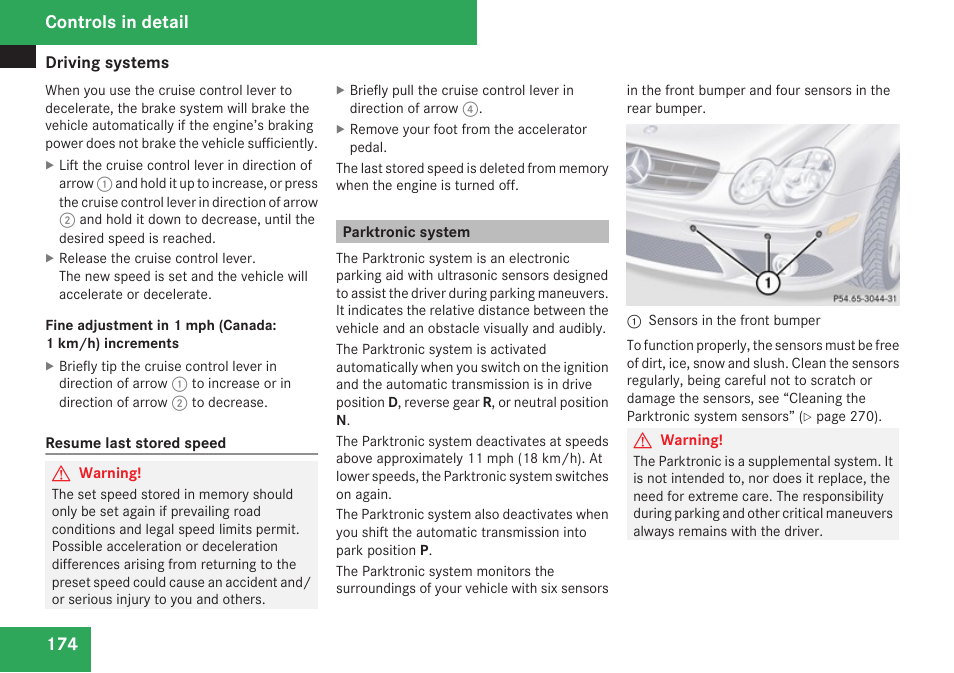 Parktronic system, Controls in detail | Mercedes-Benz CLK-Class 2009 Owners Manual User Manual | Page 176 / 384