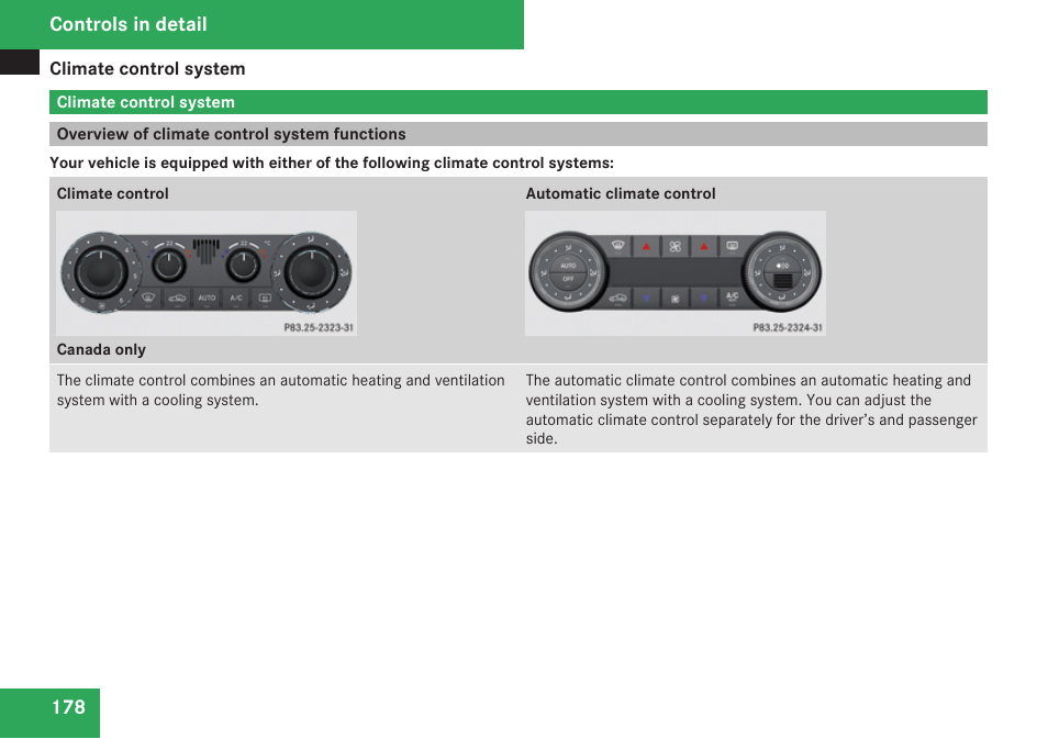 Climate control system, Overview of climate control system functions | Mercedes-Benz CLK-Class 2009 Owners Manual User Manual | Page 180 / 384