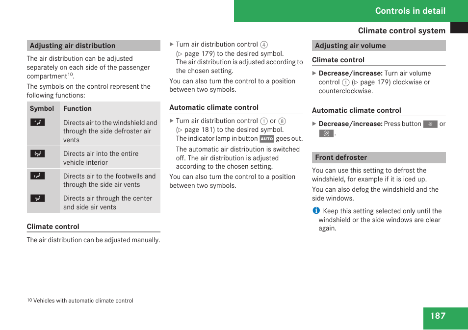 Adjusting air distribution, Adjusting air volume, Front defroster | Controls in detail | Mercedes-Benz CLK-Class 2009 Owners Manual User Manual | Page 189 / 384