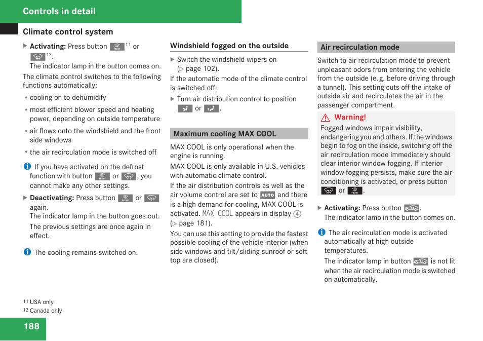 Maximum cooling max cool, Air recirculation mode, Controls in detail | Mercedes-Benz CLK-Class 2009 Owners Manual User Manual | Page 190 / 384