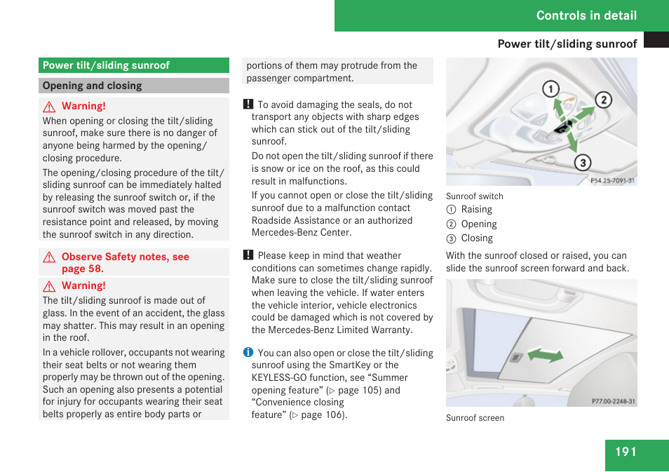 Power tilt/sliding sunroof, Opening and closing, Controls in detail | Mercedes-Benz CLK-Class 2009 Owners Manual User Manual | Page 193 / 384