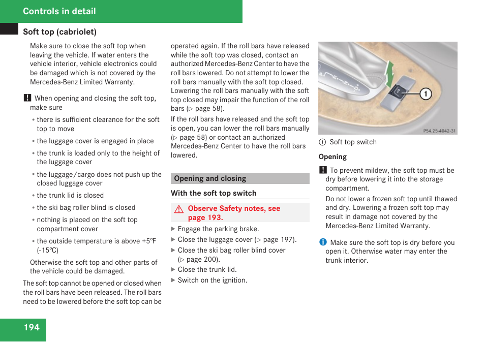 Opening and closing, Controls in detail | Mercedes-Benz CLK-Class 2009 Owners Manual User Manual | Page 196 / 384