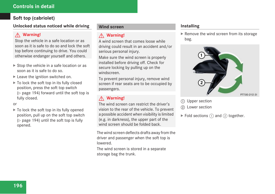 Wind screen, Controls in detail | Mercedes-Benz CLK-Class 2009 Owners Manual User Manual | Page 198 / 384