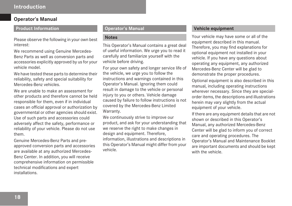 Introduction, Product information, Operator’s manual | Notes, Vehicle equipment | Mercedes-Benz CLK-Class 2009 Owners Manual User Manual | Page 20 / 384